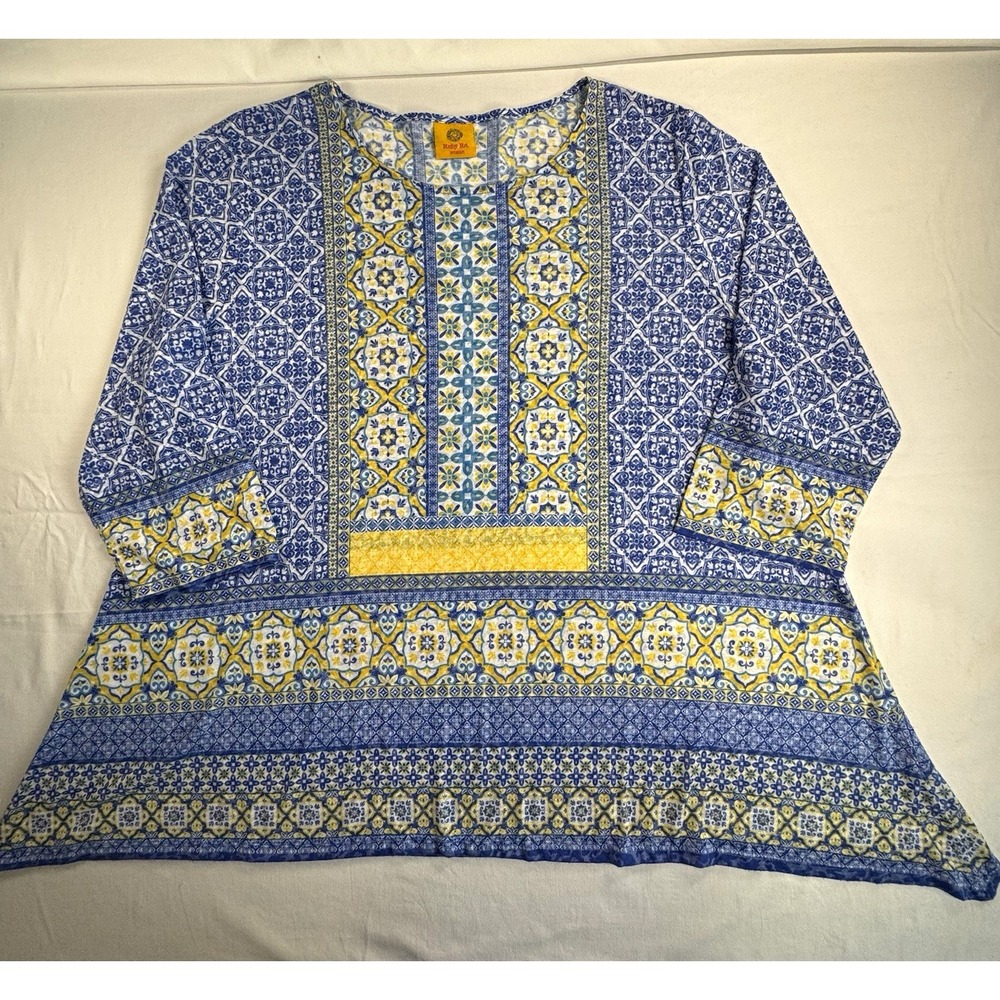 Ruby Rd. Women's Blue White Yellow Geometric Split Neck 3/4 Sleeve Tunic 2XL